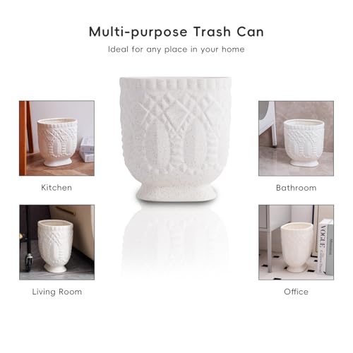 Bathroom Trash Can, Ceramic Wastebasket Garbage Container for Bathroom, Bedroom, Dorm, College, Office, Beige-White Decorative Compact Trash Can
