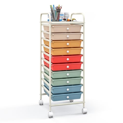 10 Drawer Storage Cart, Rolling Cart with Lockable Wheels, Trolley Utility Cart with Removable Drawers, Mobile Organizer with Handle for Living Room Kitchen Home Office (Macaron)