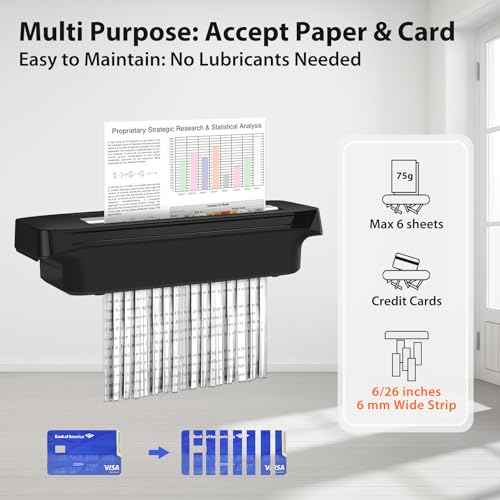 Paper Shredder Without Basket 6-Sheet Strip Cut Shredder for Home Use,Small Document Shredding Machine for Office,Shred Staple/Card,Mini Portable with Extendable Arm,Jam Proof