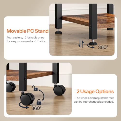 HOOBRO Rustic Brown + Black Computer Tower Stand Under Desk, Adjustable 6.7-10.8 in, Rolls on Casters