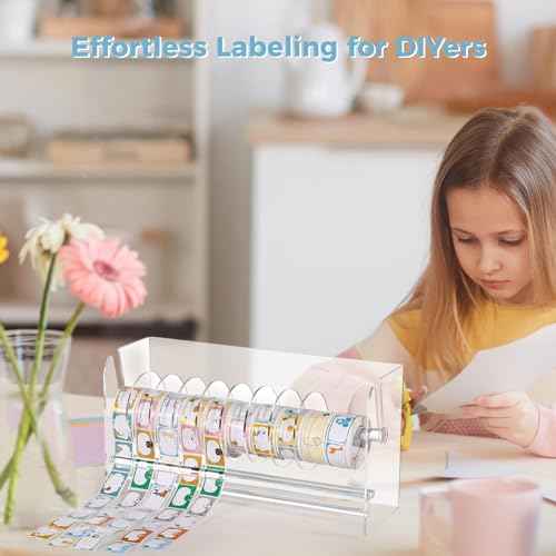 Clear Label Roll Holder, Transparent Acrylic Tape Dispenser, Adjustable Desktop Sticker Roll Holder for Office and Home, Adjustable Sticker Roll Holder with 8 Removable Divider Disks