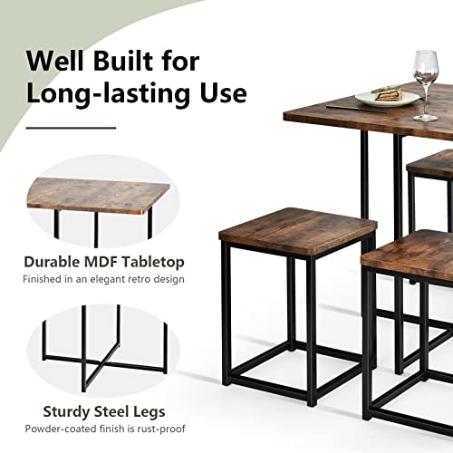 COSTWAY 5-Piece Dining Set for 4 Brown Square Table with 4 Stools