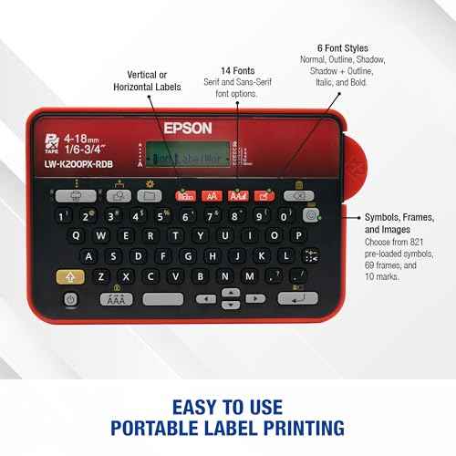 LABELWORKS Epson LW-K200PX-RDB Portable QWERTY Keyboard Label Maker for Home & Hobbies ? Craft, Organize, and Personalize - Red Black Printer