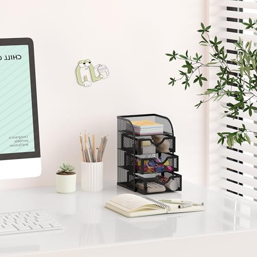 Black Mesh Desk Organizer with 3 Drawers for Office & Home Storage