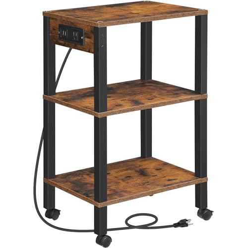 HOOBRO 3-Tier Printer Stand with Charging Station, Under Desk Printer Table, Printer Cart with Storage Shelves, Shelf for Small Spaces, for Home Office, Rustic Brown and Black BF63UPS01
