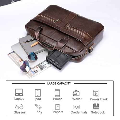 Genuine Leather Briefcase for Men, Laptop Computer Shoulder Bag With Strap, 15.6 Inch Business Travel Work Handbag