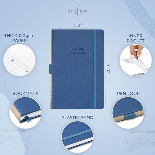 Skyline Auto Mileage Log Book A5 Smoke Blue — 1,674 Trips, Eco-Leather