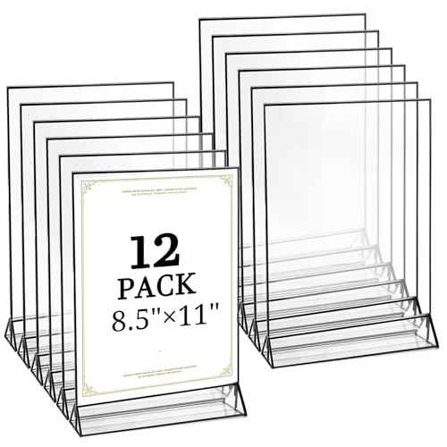 Floroom 12 Pack 8.5x11 Inch Clear Acrylic Sign Holders, Double-Sided Black Display Stand Picture Frames for Table Numbers, Menus, Flyers, Weddings, and Offices