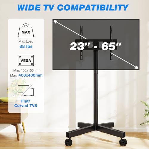 Rfiver Black Mobile TV Cart for 23-65 Inch TVs, Tilting Height-Adjustable Rolling Stand, Holds up to 88 lbs, Outdoor Floor TV Stand with Swivel Wheels
