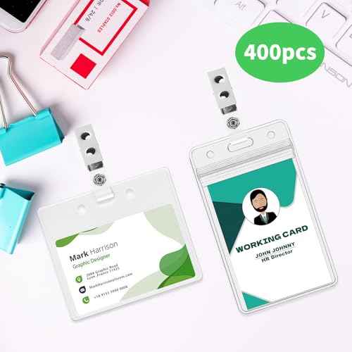 400 Pack Metal Badge Clips Double Hole ID Badge Clips with Clear PVC Straps for Name Tag ID Cards and Badge Holders Work Office Supplies