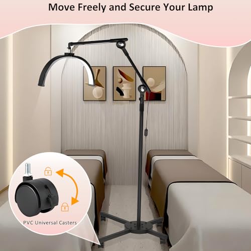 Half Moon Light for Lash Tech, LED Floor Lamp with Wheeled Base, Lash Light for Eyelash Extension, Tattoo Artists, Beauty, Adjustable Brightness, Phone Holder