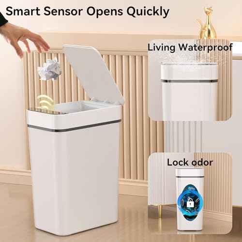 3 Pack Bathroom Trash Can 2.6 Gallon Small Touchless Automatic Motion Sensor Trash Cans Slim Waterproof Garbage Bin with Lid for Kitchen, Office, Bedroom White
