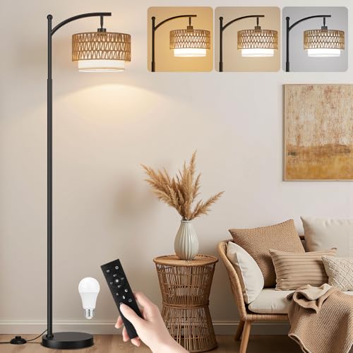 Ambimall Arc Floor Lamp for Living Room with Remote, Color Temperature & Brightness Adjustable, Boho Standing Lamp with Rattan & Fabric Double Drum Shades, Bulb Included(Black)