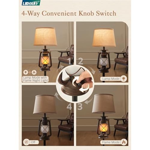 LEDIARY LED Flashing Flame Night Lantern Farmhouse Floor Lamp for Living Room, Rustic Standing Lamp with Beige Linen Drum Lampshade, Lantern Floor Lamps for Bedroom Home Decor