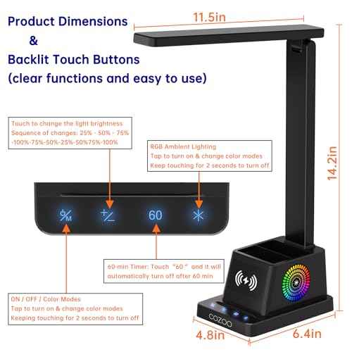 cozoo Desk Lamp,LED Desk Lamps for Home Office,Wireless Charger Small Desk Lamp with Pen Holder,Color Changing Nightlight,12 Lighting Modes,Desk Lamp for College Dorm Room,Desk Light,Nail Desk Lamp