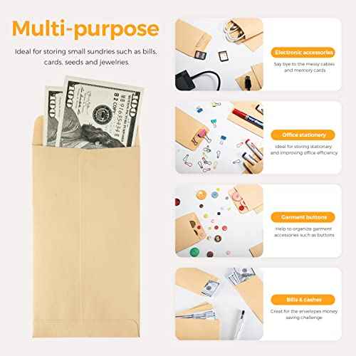 ACSTEP 100 PACK Brown Cash Envelopes 3 1/2 x 6 1/2 for Budgeting, Small Kraft Money Envelopes Self Adhesive for Cash, Coins, Check, Seeds, Money Savings Challenges
