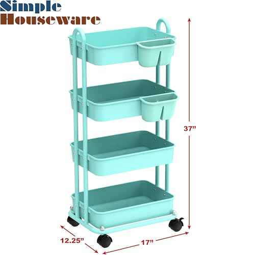 Simple Houseware 4-Tier Multifunctional Rolling Utility Cart with Hanging Buckets, Turquoise