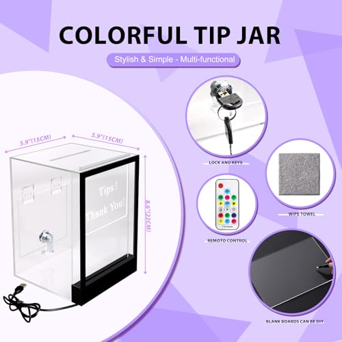 Lighted Up Tip Jar with Large Opening - LED Light & Lock, Donation Box with Sign Holder ''Tips! Thank You!'', Suggestion Box With Diy Blank Sign Holder For Taking Cards,Polls,And Ballots For Bar,Party