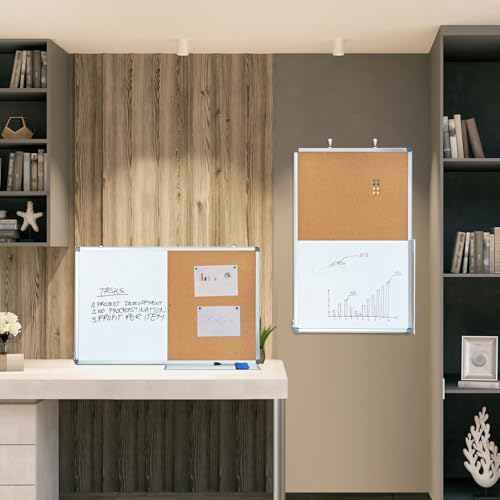 36x24 Inch Magnetic Whiteboard & Cork Bulletin Board Combo - Wall Mount Office Home School Organizer