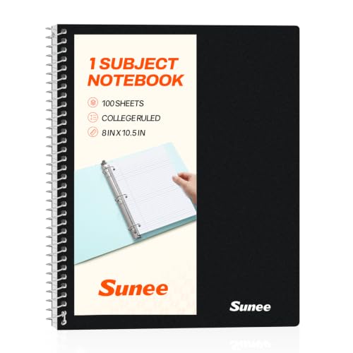 SUNEE Black Spiral Notebook 1-Subject, 8x10.5 inches, Water-Resistant Cover