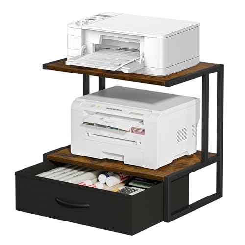 Printer Stand with Storage for Desk, with Fabric Drawer Desktop Printer Stand Shelf Organzier for Home Office, for Above and Under Desk Printer Table, Fax Machine Copier Scanner, Rustic Brown