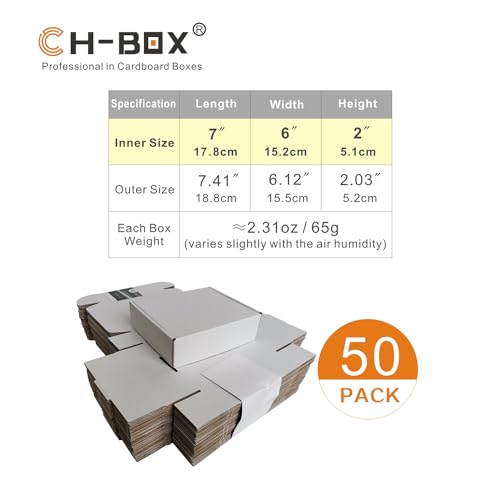 50 Pack 7x6x2'' Small Shipping Boxes, Corrugated Cardboard Mailers for Business, White (CM762)