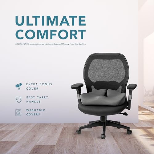 Pressure Relief Seat Cushion for Tailbone Pain - X Large Office Chair Cushion for Back Pain, Coccyx & Sciatica Pain Relief Pillow. Memory Foam Seat Cushions for Office Chairs. Extra Cover (Black)