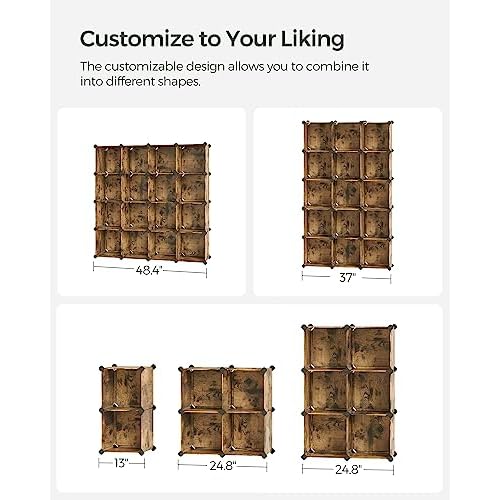 SONGMICS Cube Storage Organizer, Set of 16 Plastic Cubes, Closet Organizers and Storage, Room Organization, Bedroom Living Room, 12.2 x 48.4 x 48.4 Inches, Rustic Brown ULPC442A01