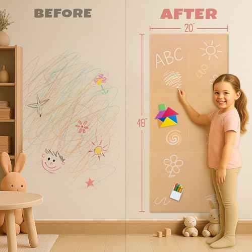 Magnetic Chalkboard Wall Decal for Kids ? Set of 6 Peel and Stick Magnet Sheets with Chalk, Tangram Puzzle, and Holder ? Modular Learning and Drawing Board for Homeschool, Playroom, Classroom