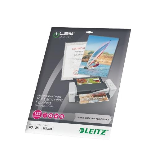 Leitz 74890000 Laminating Pouches Made of 125 Micron Thick Material (Transparent, Glossy, A3 and UDT) - Pack of 25