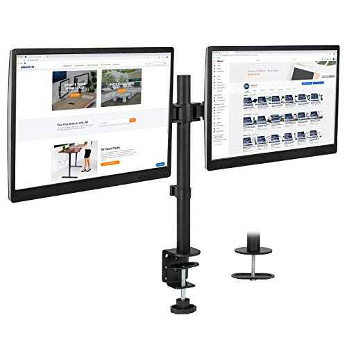 Mount-It! Dual Monitor Mount | Double Monitor Desk Stand | Interchangeable C-Clamp and Grommet Base | Two Heavy Duty Height Adjustable Arms Fit 2 Computer Screens 19 21.5 24 27 32 Inches | VESA 75 100