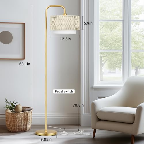 PARTPHONER Gold Floor Lamp for Living Room, Farmhouse Tall Lamp with 3 Color Temperatures Remote & Dimmable Bulb, Beige Rattan and Fabric Shades for Bedroom Study Room Office