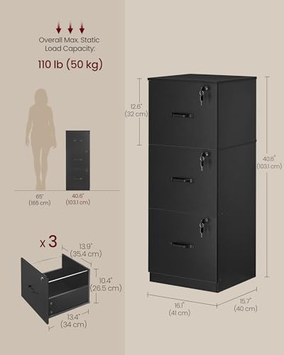 VASAGLE Ink Black 3-Drawer Lockable File Cabinet for A4 & Letter Documents
