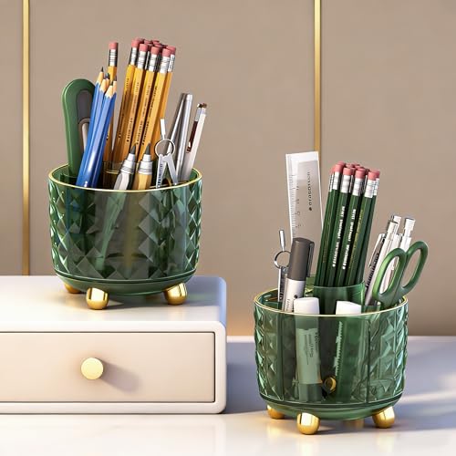 GOTOBA Dark Green Pen Pencil Holder for Desk, 6-Compartment Rotating Organizer