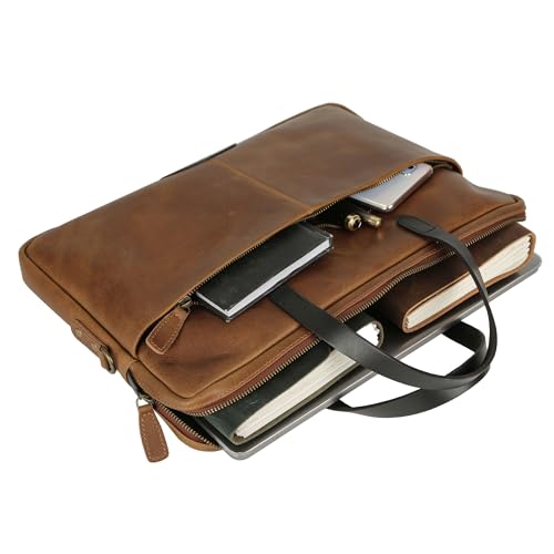 KomalC 15.5 Inch Leather Laptop Sleeve with Trolley Strap ? Slim Genuine Leather Bag for 13", 14", 14.5" Laptops ? Office Briefcase with Shoulder Strap & Organizer