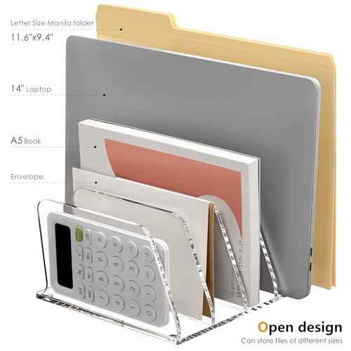 SANRUI Acrylic File Organizer for Desk, Clear 5-Section Vertical File Folder Holder Stand File Sorters, Mail Envelope Document Organization Rack Bookshelf for Office, Home, Classroom