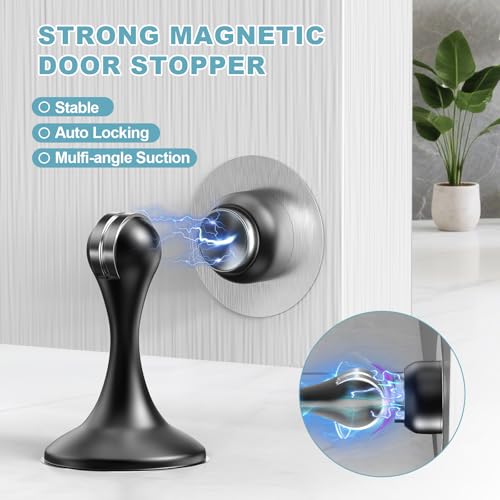 Profasion 2 Pack Magnetic Door Stop, Stainless Steel Door Holder with 3D Adhesive Tape, Wall & Floor Mount, Black