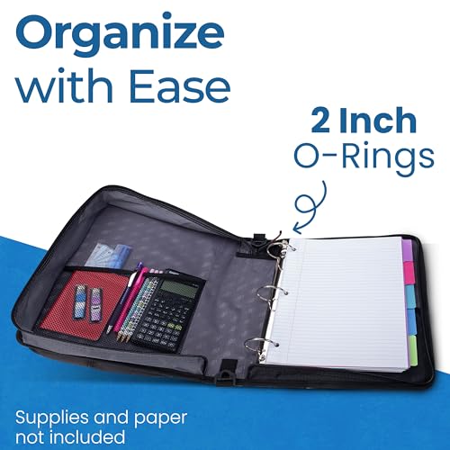 Case-it School Zipper Binder 2 Inch O-Rings Jet Black 1 Pack - Holds 350 Sheets