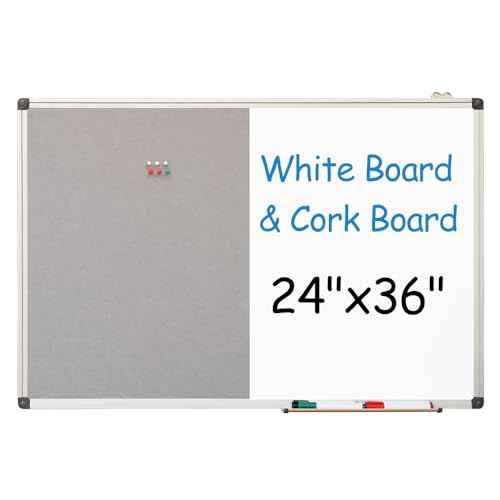 New PUTE White Board and Cork Board Combo - 36 x 24 Inches Large Dry Erase Whiteboard and Bulletin Board, Magnetic Wall Pin Display Board for Home, Classroom & Office, 24"x36" Grey