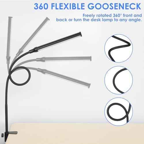 ShineTech LED Desk lamp with Clamp, 5000K Daylight White 11 Brightness Level Eye-Caring Clip Lights for Home Office, Flexible Gooseneck USB Adapter, Black