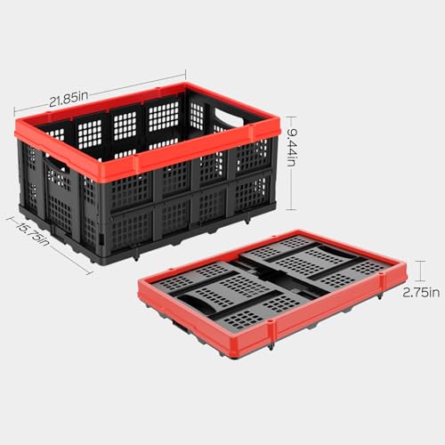 49L Collapsible Crate, Milk Crate for Storage, Foldable Storage Crate, Stackable Crate for Organizing for Home, Shopping, Camping, School, Office, Warehouse, Red