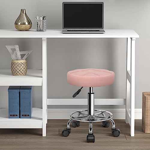 KKTONER Round Rolling Stool Chair PU Leather Height Adjustable Swivel Drafting Work SPA Shop Salon Stools with Wheels Office Chair Small (Pink)