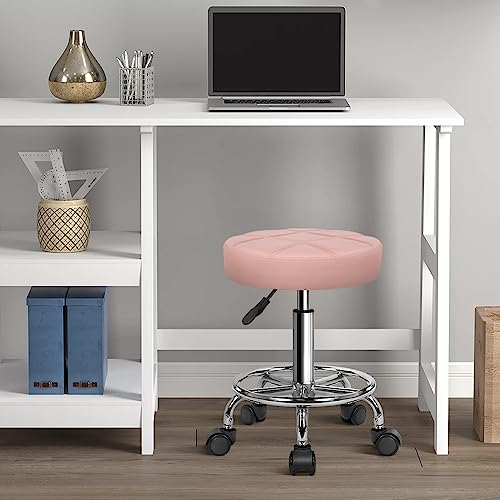 KKTONER Pink Adjustable Swivel Drafting Stool with Wheels, PU Leather Office Chair
