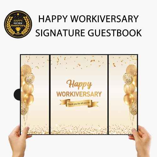 DARUNAXY Black Gold Happy Workiversary Party Decorations, Happy Work Anniversary Alternative Signature Guest Book for Men Women Employee Business Gifts Signing Card Board for Office Supplies