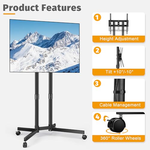 Rolling TV Stand for 32-75 Inch LCD LED 4K TVs Holds up to 99 lbs, Outdoor TV Stand, Mobile TV Stand with Wheels, Height Adjustable, ¡¾10¡Æ Tilt TV Cart, Max VESA 400x400mm, Black