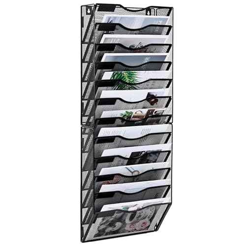 Wall File Holder, 12 Pockets Hanging File Folder, Paper Organizer Storage, Document Rack, Mail Holder, Magazine Rack, Wall Organizer for Office, Black