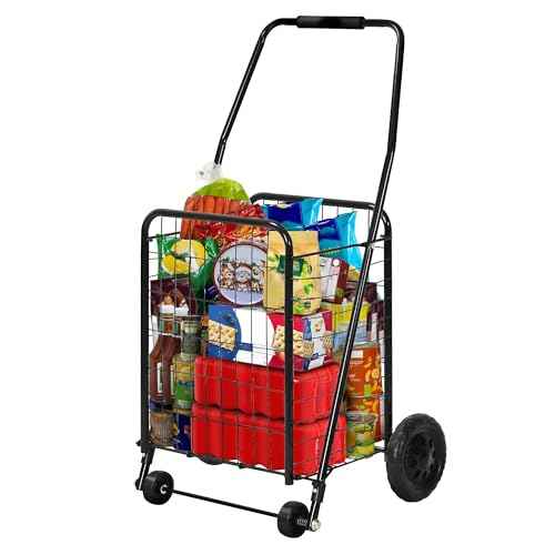 DWVO Folding Shopping Cart with Wheels, Rolling Foldable Grocery Cart for Seniors, Portable Collapsible Utility Cart for Shopping Groceries Laundry Stair Climbing Storage
