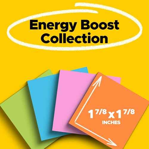 Post-it Super Sticky Notes, 18 Sticky Note Pads, 1 7/8 x 1 7/8 in., School Supplies, Office Products, Sticky Notes for Vertical Surfaces, Monitors, Walls and Windows, Energy Boost Collection
