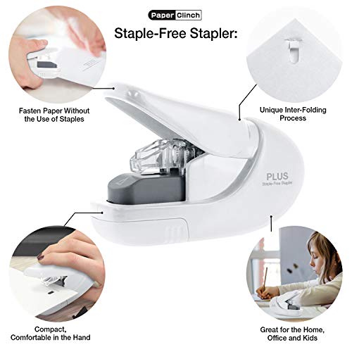 Plus Paper Clinch Compact Staple-Free Stapler, Ivory White - Hand Variation