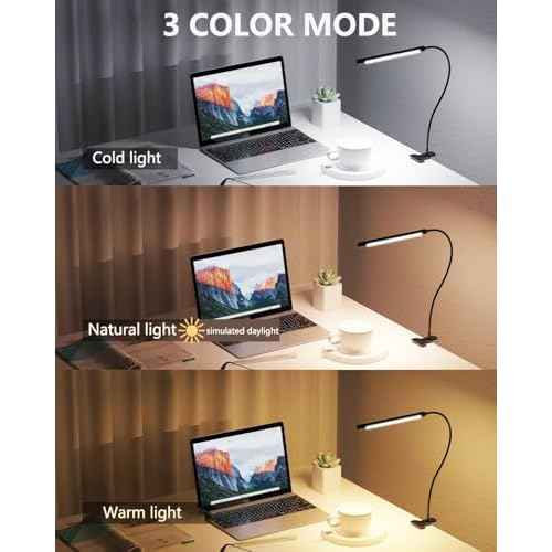 JHD LED Desk Lamp with Clamp - Adjustable 3 Color Modes 10 Brightness Level Table Lamp, USB Eye Caring Flexible Gooseneck Desk Light for Home Office, Dorm Room, Reading, Nail, Clip On Light, Black